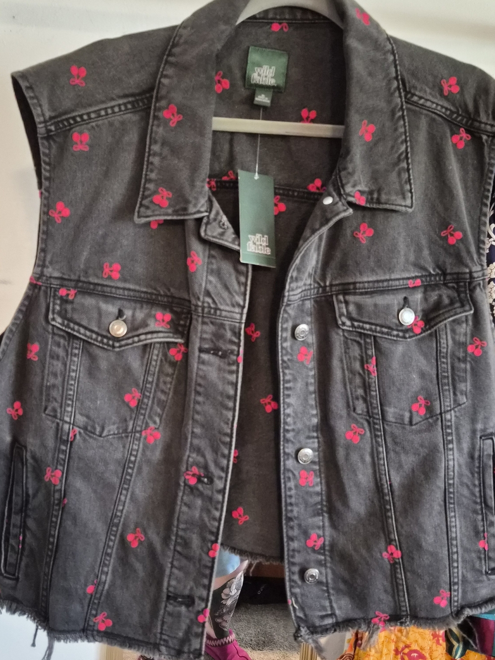 NWT wild fable Black Denim Vest with Embroidered Red Cherries